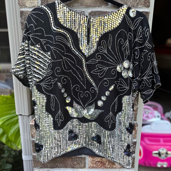 Vintage 80s Sequin Silk Top Black Silver Beaded Party Blouse S - Picture 8 of 10